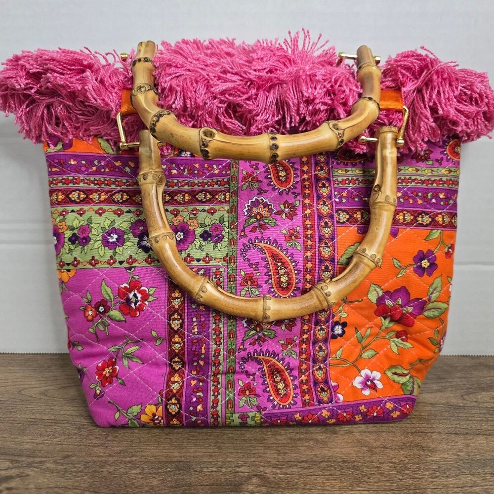 Boho Tapestry Quilted Tote Bag with Bamboo Handles & Magenta Fringe